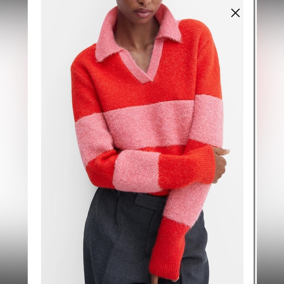 Mango Red and Pink Striped V-Neck Sweater - Picture 2 of 5